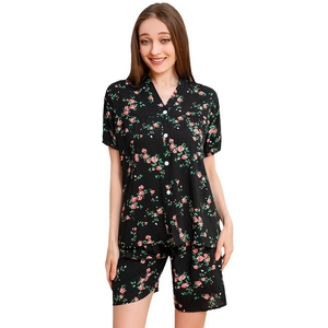 Women's V-neck rayon pajama set with short sleeves and floral print in black color