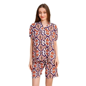 Women's two-piece short pajamas set with ethnic geometric patterns and button-up shirt