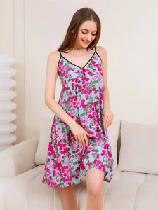 Detail shot of blue floral print camisole sleepwear with delicate spaghetti straps