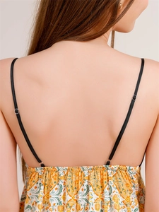 Detail view of adjustable spaghetti straps and open back design on a floral summer nightgown