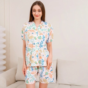 Women Summer Rayon Pajamas V-Neck Short Sleeve Button Down Top And Shorts Casual Floral Print Loungewear Home Wear