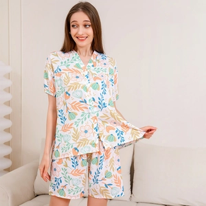 Women's floral V-neck viscose pajama set with short sleeves and shorts in summer style