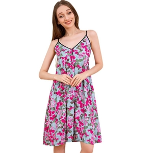 Sleeveless floral print summer dress in blue and pink with V-neck and spaghetti straps
