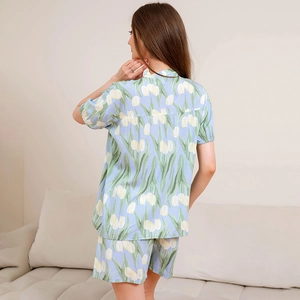 Women's light blue viscose pajama set with yellow tulip print shorts and short sleeves
