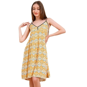 Women's V-neck rayon nightdress with yellow geometric patterns and thin straps