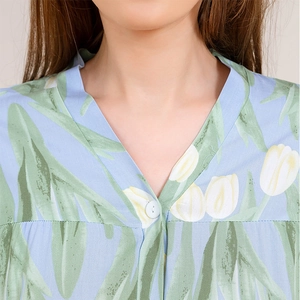 Women's light blue viscose pajama set with tulip print and v-neck short sleeve top