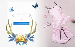 Detailed set of pink striped satin camisole, shorts, hair tie, and eye mask