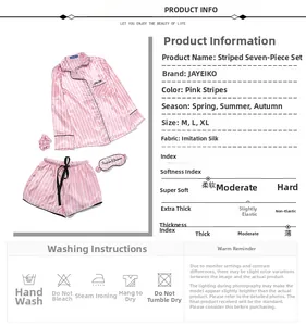 Detailed chart for pink striped satin pajama 7-piece set showing sizing and fabric details