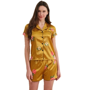 Women ice silk pajamas set in yellow with red floral and gold chain prints