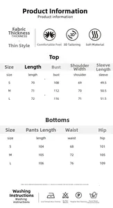 Detailed size chart for striped loungewear set with top and bottom measurements