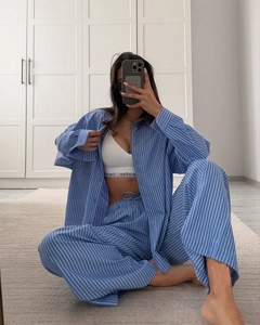 Detailed view of blue striped loungewear set with soft texture and relaxed fit