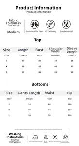 Detailed size chart for women cotton loungewear set including tops and bottoms dimensions