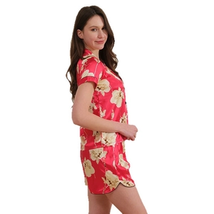 Women's red floral ice silk pajama set with short sleeve button-down top and matching shorts