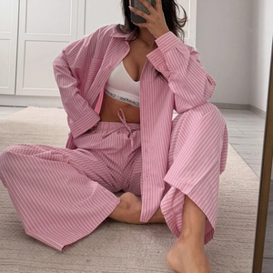 Women Striped Loungewear Top And Bottom Long Sleeve Button Down Shirt And Wide Leg Pants Casual Pajamas Homewear