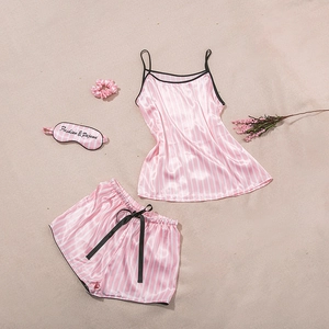 Pink striped 4-piece silk pajama set with camisole, shorts, sleep mask and hair tie