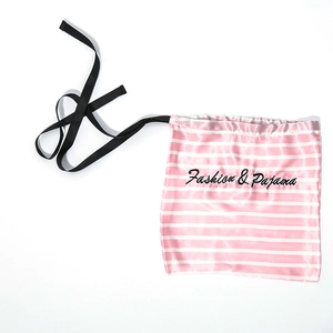 Satin striped pajama drawstring storage bag with Fashion & Pajama print in pink and white