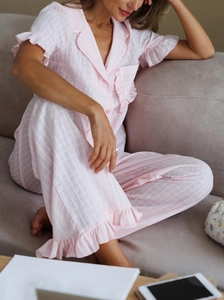 Pink plaid cotton loungewear set featuring V-neck short sleeves and ruffle trim details