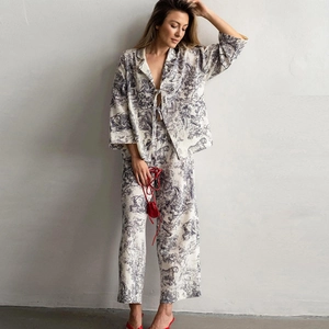 Set pigiama da donna in cotone con stampa Toile de Jouy e top con cintura a vita