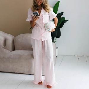 Women's Pure Cotton Jacquard Pajama Set Ruffle Short Sleeve Top And Long Pants Plaid Loungewear Two Piece Sleepwear