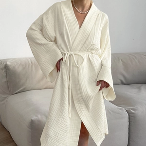 Peignoir en Mousseline 100% Coton pour Femme Respirant Kimono Avec Lien à la Taille Vêtement de Détente Léger Manches Longues Maison