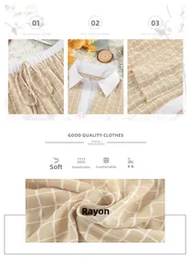 Close-up of beige plaid rayon pajama set featuring elastic drawstring and chest pocket detail