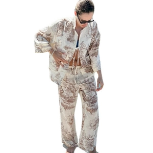 Pigiama da donna in cotone 2 pezzi con stampa Toile de Jouy e top con lacci