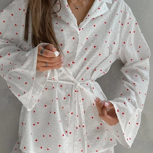 Women's cotton heart print pajamas set with long sleeves and ruffled cuffs in white