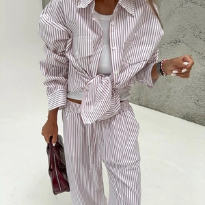 Damen Gestreiftes Schlafanzug-Set Revers Langarmhemd und Weite Hose Loungewear Top Und Bottom Freizeit Nachtwäsche