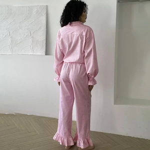 Pink plaid pajama set with ruffle trim long sleeve cardigan and pants loungewear