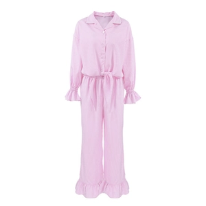 Pink vichy plaid pajama set with long sleeve button-up top and ruffle hem pants