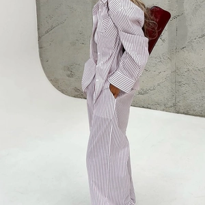 Damen Streifen Schlafanzug Set mit Langarmhemd und weitem Bein Hose im lässigen Stil