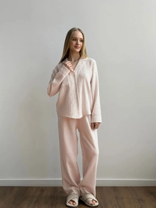 Relaxed fit women's pink striped cotton pajama set with button-down shirt and long pants