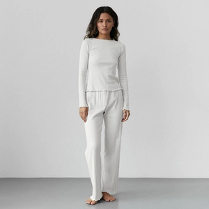 Women's Heart Pointelle Knit Pajama Set Long Sleeve Lettuce Edge Ribbed Top And Bottom Loungewear Sleepwear