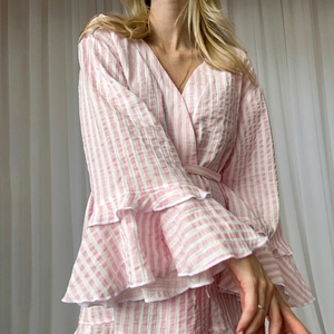 Pink striped cotton crepe robe for women with elegant double-layered ruffle sleeves