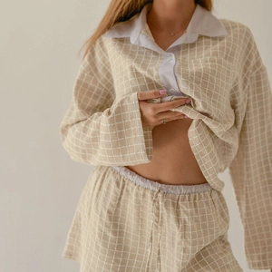 Plaid long sleeve and shorts pajama set for women in beige with button-up collar design