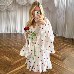 Women white cotton crepe robe with red heart patterns and ruffled sleeves and hem