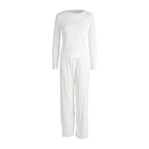 Women's white ribbed knit long-sleeve pajama set with heart jacquard for cozy homewear