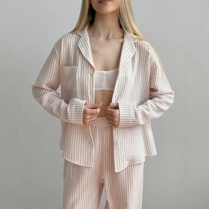 Women's 3-piece pink striped cotton pajama set with shirt, trousers and crop top