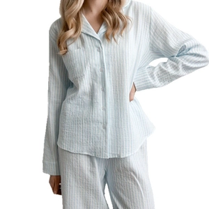 Women's blue and white striped cotton pajama set with button-down shirt and long pants