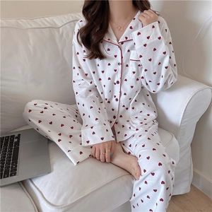 Women's Sweet Heart Print Pajama Set Long Sleeve Top And Bottom Minimalist Cotton Home Wear Sleepwear Soft Lounge Wear