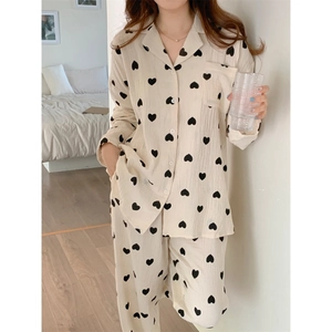 Women Cotton Gauze Heart Pattern Top And Bottom Long Sleeve Lapel Loose Sleepwear Casual Breathable Home Service Pajamas