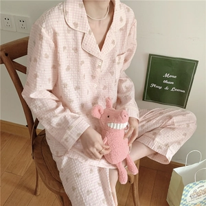 Pyjama Décontracté pour Femmes à Carreaux avec Imprimé Ours Haut à Boutons Manches Longues Et Pantalon Homewear de Nuit