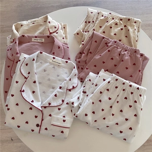 Women heart print long sleeve pajama set featuring lapel collar and soft brushed fabric