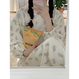 Women Floral Print Pajama Set Long Sleeve Top And Bottom Sweet Lace Collar Loungewear Warm Polyester Sleepwear For Winter