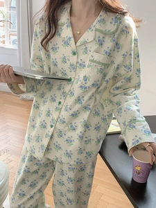 Floral cotton pajama set with green plaid trim on collar and cuffs for home wear