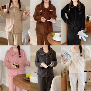Winter plush thermal pajama set for women in six solid colors with cozy flannel texture