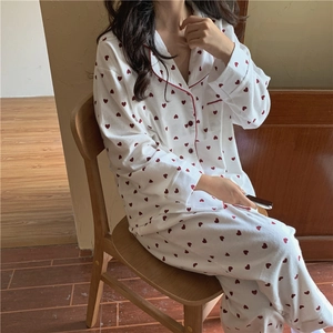 Women's Sweet Heart Print Pajama Set Brushed Cotton Top And Bottom Long Sleeve Korean Loose Lounge Wear For Autumn