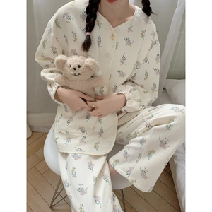 Cream floral air cotton pajama set for women with long sleeves and lace V-neck detail