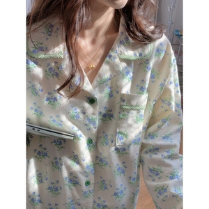 Women Fresh Floral Cotton Pajama Set Long Sleeve Lapel Top And Bottom Breathable Comfortable Homewear Sleepwear Set