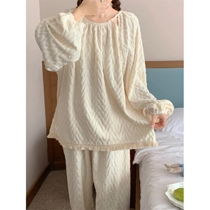 Abbigliamento da Casa Jacquard Bianco Crema da Donna Pigiama in Pile a Manica Lunga Con Orlo a Frange Autunno Inverno